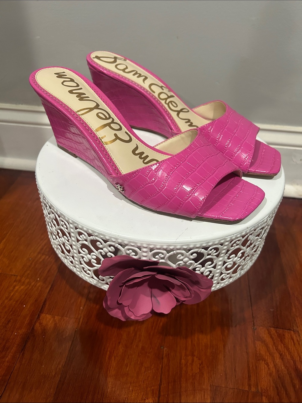 Sam Edelman Hot Pink Croc-Embossed Wedge Slide Sandals